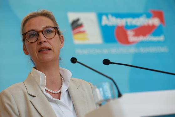 15일(현지시간) 독일 베를린 연방의회에서 알리스 바이델 독일대안당 공동 대표가 기자회견을 하고 있다. EPA=연합뉴스