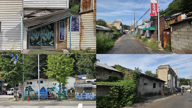 (사진설명 왼쪽 시계방향으로) 백사마을 초입에 있는 한 교회의 철제 셔터가 무너져 내린 상태로 방치돼 있다. / 인적없는 백사마을 거리. / 노원구 중계동 평화의집 앞. / 넝쿨에 휘감겨져 있는 백사마을의 한 건물에 유리창이 깨진 상태로 방치돼 있다. [권민선 기자]