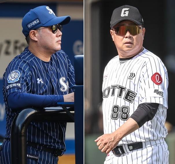 16,17일 가을야구를 향한 운명의 2연전을 갖는 삼성 박진만(왼쪽) 감독과 롯데 김태형 감독   [삼성 라이온즈·롯데  자이언츠 제공]