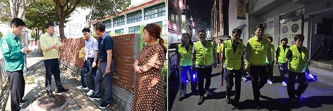 김종훈 울산동구청장이 학부모와 함께 화암초등학교를 찾아 인도 등 통학로를 점검하는 모습(왼쪽)과 자율방범대원들과 남목1동 골목형상가를 야간 순찰하는 모습(오른쪽) [울산동구청 제공]