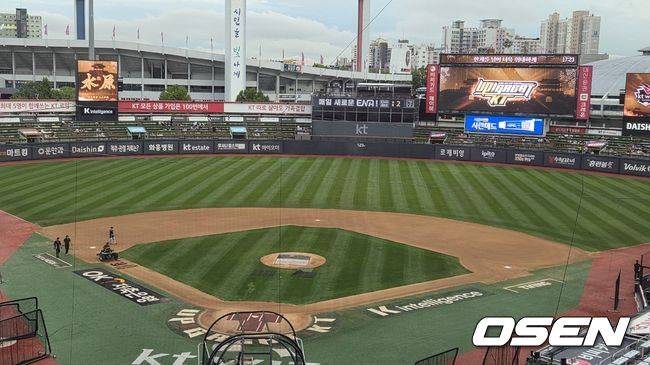 비가 그치고 방수포를 걷어낸 16일 수원 KT위즈파크 / OSEN DB