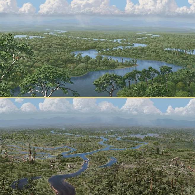 '생태계 공학자' 공룡 멸종 전(아래)과 후 지형 변화 상상상도  연구팀은 공룡이 숲이 울창하게 자라는 것을 막아 강의 흐름을 방해했으나, 6천600만년 갑작스러운 멸종 후 숲이 울창해지면서 퇴적물이 안정화되면서 물길이 넓게 굽이치는 강으로 모일 수 있게 됐다고 밝혔다. [Julius Csotonyi 제공. 재판매 및 DB 금지]