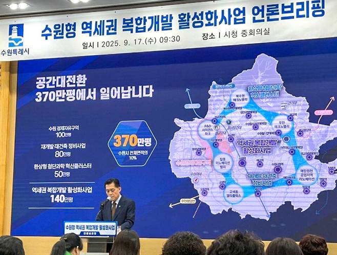 ▲수원특례시 이재준 시장이 수원형 역세권 복합개발 활성화 사업 언론브리핑을 진행하고 있다. /최준희 기자 wsx3025@incheonilbo.com