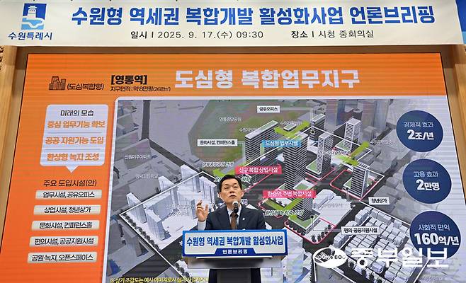 수원시가 기초지방자치단체 최초로 관내 전철역별 특성에 맞춰 '역세권 복합개발 활성화 사업'을 추진하겠다는 구상을 내놓은 가운데 17일 오전 이재준 수원시장이 수원시청 중회의실에서 기자회견을 열고 관련 내용을 발표하고 있다. 김경민기자