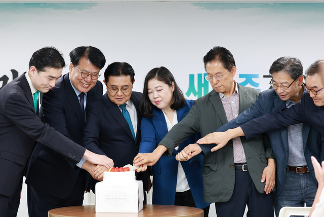 새미래민주당 전병헌(왼쪽 세번째) 당대표를 비롯한 지도부와 관계자들이 17일 오후 서울 여의도 중앙당사 대회의실에서 ‘민주당 창당 70주년’ 행사를 개최한 가운데 기념 케이크 컷팅을 진행하고 있다.<새미래민주당 제공>