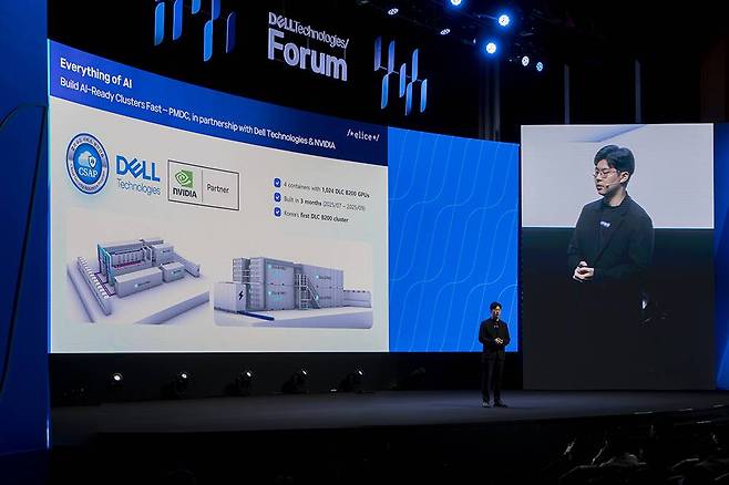 김재원 엘리스그룹 대표가 엘리스클라우드의 기술적 재원과 도입 현황, 클라우드 시장 전략을 발표했다 / 출처=IT동아