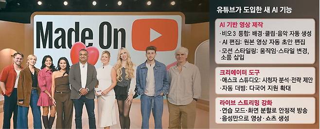 닐 모한 유튜브 최고경영자(CEO·왼쪽 다섯째)가 연례 행사인 '메이드 온 유튜브'에서 크리에이터들과 기념촬영을 하고 있다.  유튜브