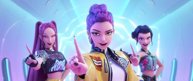 This image released by Netflix shows characters, from left, Mira, Rumi, Zoey in a scene from “KPop Demon Hunters.” (Netflix via AP)