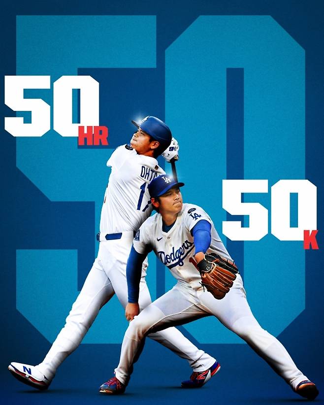 오타니 쇼헤이가 17일(한국시간) 미국 캘리포니아주 로스앤젤레스(LA) 다저스타디움에서 열린 2025 미국 메이저리그(MLB) 정규시즌 필라델피아 필리스와의 홈 경기에서 역대 처음으로 시즌 50홈런, 50탈삼진을 동시에 달성했다. MLB 소셜미디어