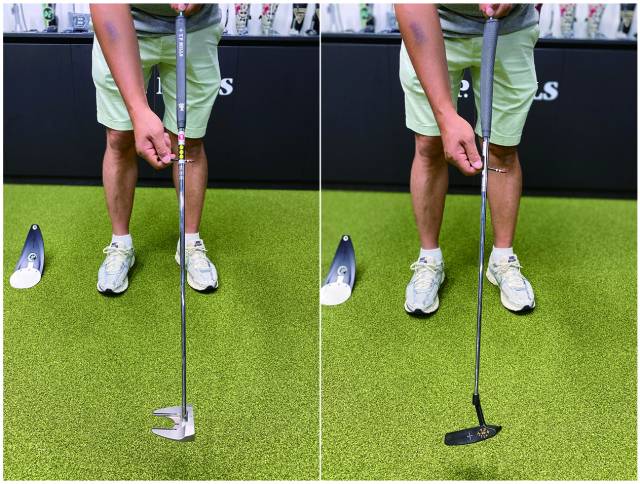 제로 토크 퍼터(왼쪽)는 헤드 방향이 바뀌지 않지만 일반 퍼터는 헤드가 돌아간다. 김세영 기자