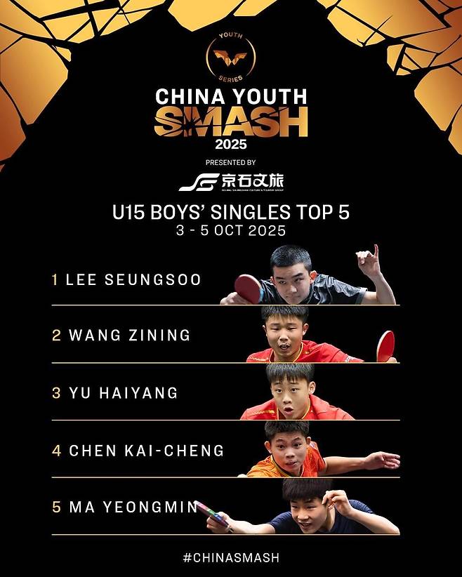 올해 중국 유스 스매시 U-15 남자단식 참가 선수 랭킹 1위에 오른 이승수  [WTT 인스타그램 캡처. 재판매 및 DB 금지]