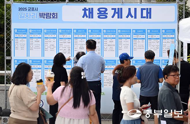 18일 오후 군포시청 대회의실에서 열린 2025 군포시 일자리 박람회를 찾은 시민들이 채용게시대를 살펴보고 있다. 임채운기자