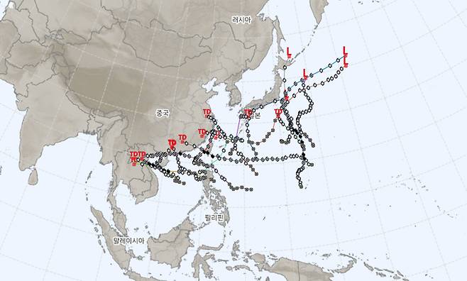 올해 6월부터 9월까지 발생한 16개 태풍이 모두 한반도를 비껴갔다. 기상청 캡처