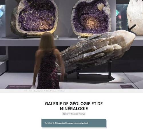 파리 국립자연사박물관 지질광물전시관 휴관을 알리는 홈페이지 화면. 파리 국립자연사박물고나 지질광물전시관 홈페이지 캡처. 연합뉴스