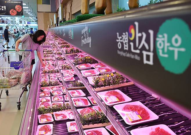 서울 서초구 하나로마트 양재점을 찾은 시민들이 한우를 고르고 있다. 2025.8.1 (ⓒ뉴스1, 무단 전재-재배포 금지)