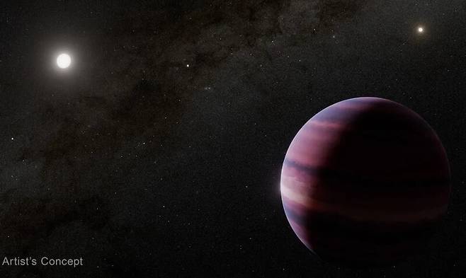 지구에서 4광년 조금 넘는 거리에 있는 ‘알파센타우리’ 삼중성계의 알파센타우리 A(왼쪽 위)와 거대 가스행성(오른쪽 아래)을 묘사한 그림. 나사 제트추진연구소 제공