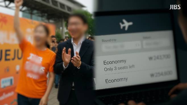 거리에서는 제주 홍보 구호가 울려 퍼졌지만, 예약창에 찍힌 항공권 가격은 여전히 높다. 보여주기식 마케팅과 소비자 현실의 간극을 상징하는 장면.