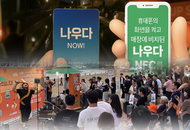 제주관광 홍보 현장과 디지털 관광증 ‘나우다’를 상징하는 이미지를 맞물린 장면. 거리 캠페인부터 디지털 카드, 팝업스토어까지 이어지는 제주 관광 전략의 흐름과 그 한계를 함축적으로 드러낸다