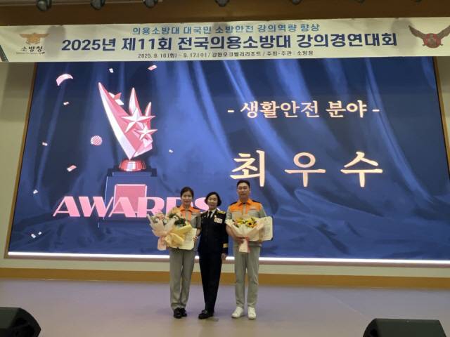 ▲ 삼척소방서 미로여성의용소방대는 17일 원주시 오크밸리리조트에서 열린 제11회 전국의용소방대 강의경연대회에서 생활안전 분야 최우수상을 수상했다.