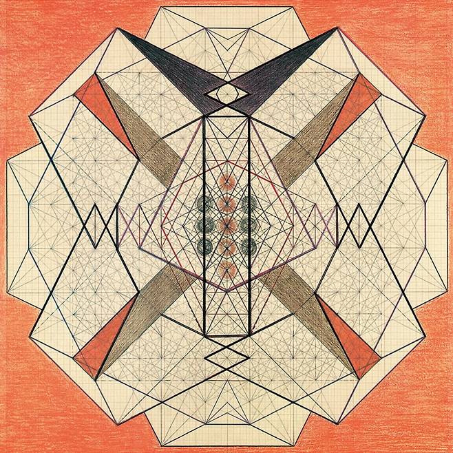 엠마 쿤츠, 〈무제〉, 연도 미상. 갈색 모눈종이에 연필과 색연필. 76 × 76 cm (액자 78.4 × 78.5 × 4.6 cm). / 엠마 쿤츠 재단, 뷔렌로스 소장 및 제공