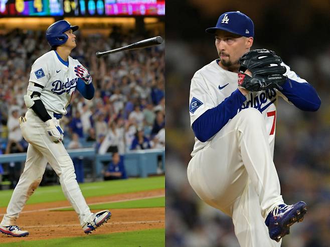 LA다저스가 오타니 쇼헤이와 블레이크 스넬의 활약으로 2연패 탈출에 성공했다. 사진은 다저스에서 활약 중인 오타니(왼쪽)와 스넬의 모습. /사진=로이터