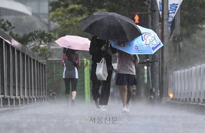 서울 일부 지역에 호우 특보가 발효된 13일 서울 마포구 불광천 인근에서 우산을 쓴 시민들이 발걸음을 재촉하고 있다. 2025.8.13 이지훈 기자