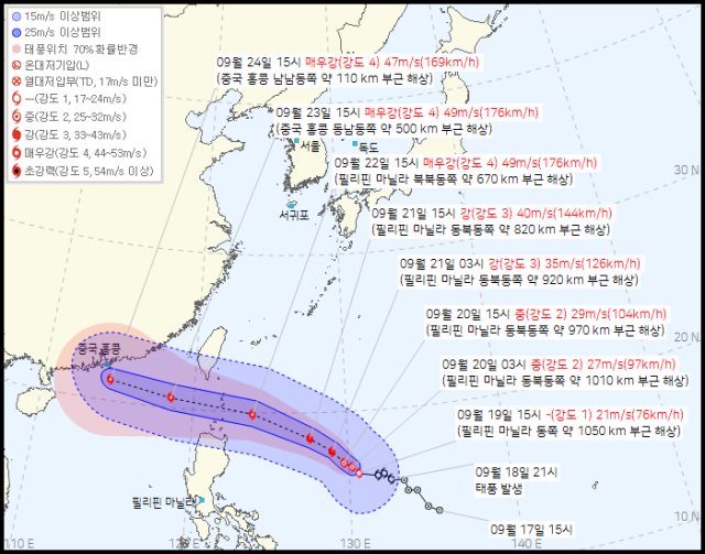 기상청 19일 오후 4시 발표 18호 태풍 라가사 예상경로