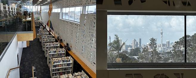 버켄헤드 도서관의 내부 구조와 창으로 보이는 도심 스카이타워와 마천루 / 사진=김소은