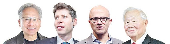 (사진 왼쪽부터) 젠슨 황 엔비디아 최고경영자(CEO), 샘 올트먼 오픈AI CEO, 사티아 나델라 마이크로소프트(MS) CEO, 모리스 창 TSMC 창업자.