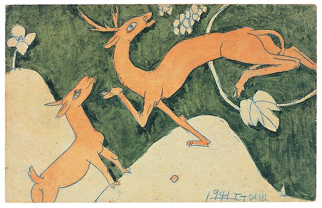 이중섭, ‘포도밭의 사슴’. 14×9cm. 엽서에 먹지, 채색. 1941년 4월 24일 연인 마사코에게 보낸 엽서화다. /개인 소장