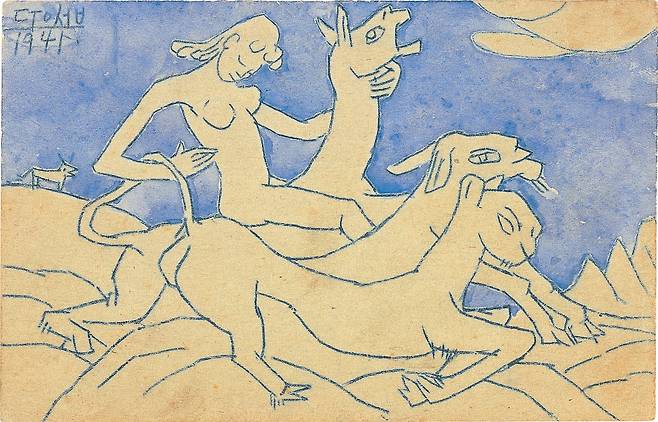 이중섭이 1941년 6월 2일 마사코에게 보낸 엽서화 '상상의 동물과 여인'. 엽서에 먹지, 수채. /신수경 교수 제공