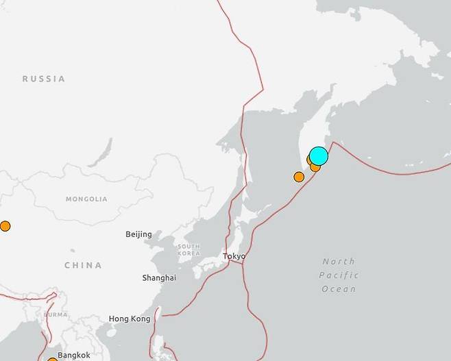 러시아 극동 캄차카반도 페트로파블롭스크캄차츠키 인근 해역에서 규모 7.8의 강진이 발생했다. / 미국 지질조사국(USGS) 홈페이지 캡처