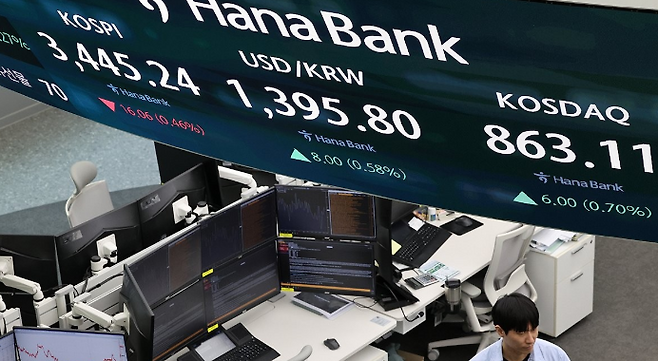 19일 서울 중구 하나은행 딜링룸 현황판에 코스피·코스닥 지수 등이 표시돼 있다. ⓒ연합뉴스