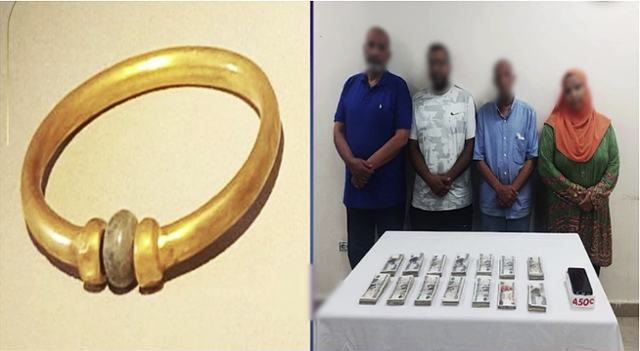 약 3,000년 전의 것으로 추정되는 이집트 파라오 금팔찌와 절도 용의자 일당. 이집트 내무부 제공