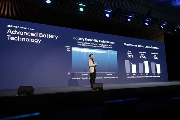 김창환 현대자동차 전동화에너지솔루션담당 부사장이 18일(현지시간) 미국 뉴욕 맨해튼  '더 셰드(The Shed)'에서 열린 '2025 현대차 CEO 인베스터 데이'에서 발표하고 있다. [사진=현대자동차]