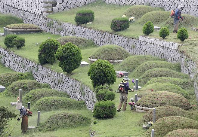 14일 경북 경산시 경산공원묘원에서 묘지 관리인들이 추석을 앞두고 벌초를 하고 있다. 뉴스1