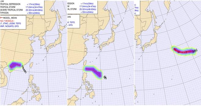 ▲ 왼쪽부터 17호 태풍 '미탁', 18호 태풍 '라가사', 19호 태풍 '너구리'의 모델 예측 [기상청]&nbsp;
