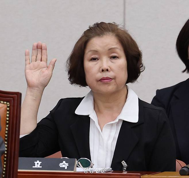 손효숙 리박스쿨 대표가 지난  7월 10일 국회 교육위 청문회에 참석하고 있다. 박민규 선임기자