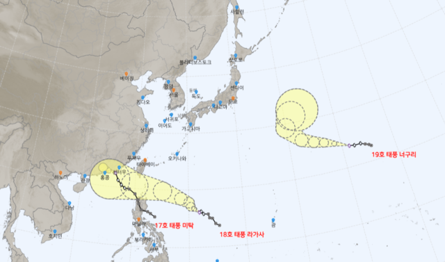 한반도 주변으로 발생한 17호 태풍 ‘미탁’·18호 태풍 ‘라가사’·19호 태풍 ‘너구리’. 기상청 화면 갈무리