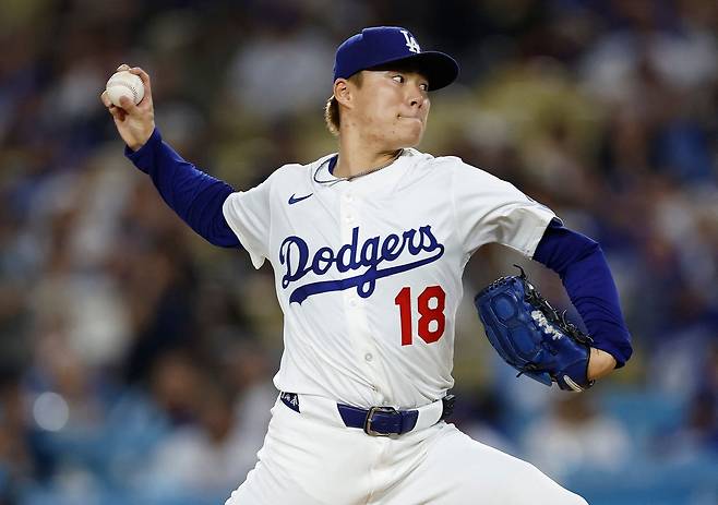 LA 다저스 야마모토 요시노부가 19일 샌프란시스코전에 선발 등판, 역투하고 있다. AFP연합뉴스