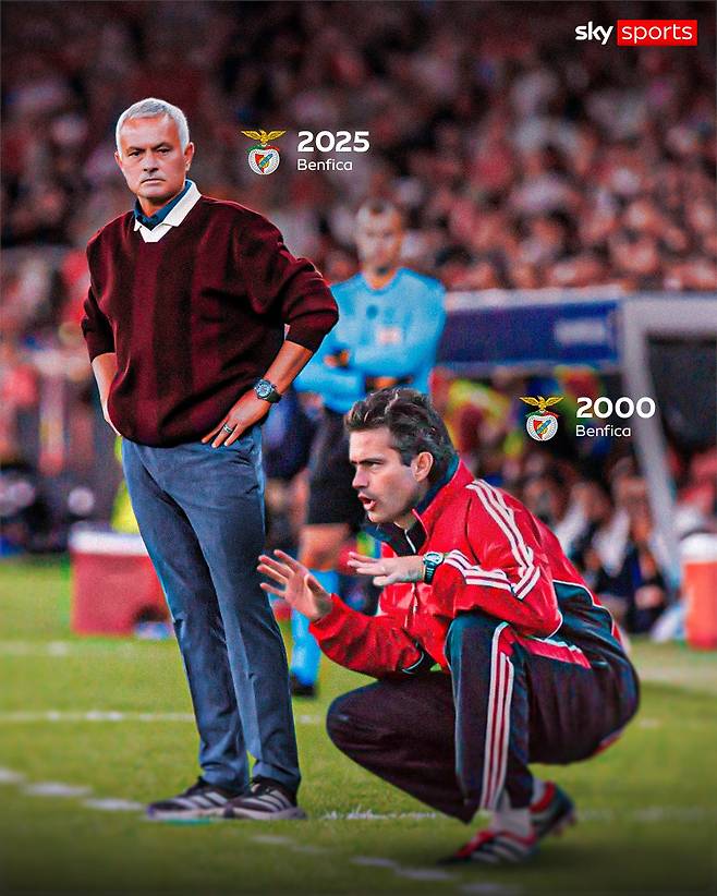 지난 2000년 이후 무려 25년 만에 친정팀 벤피카로 돌아온 조세 무리뉴 감독. 오른쪽은 2000년 당시 벤피카를 이끌던 무리뉴 감독, 오른쪽은 최근 모습. /사진=스카이스포츠 SNS 캡처