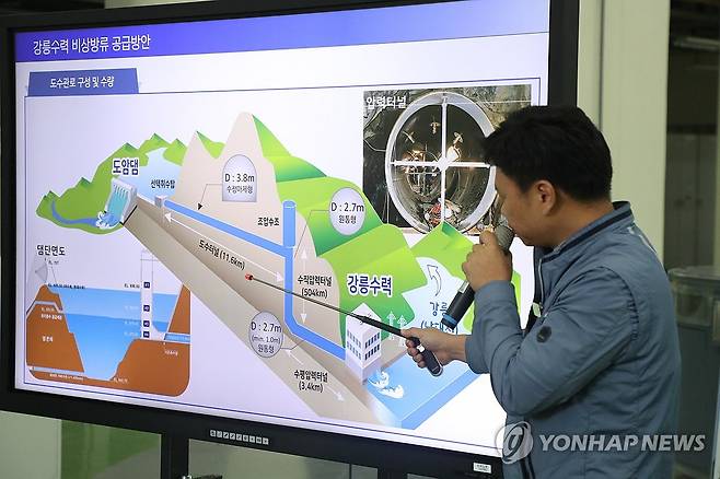 도암댐 비상 방류 임박 (강릉=연합뉴스) 류호준 기자 = 19일 강원 강릉시 성산면 한국수력원자력 강릉수력발전소에서 조상범 강릉수력발전소장이 평창 도암댐 방류 계획을 설명하고 있다.
강릉 가뭄 대응을 위해 20일 오후 도암댐 비상 방류가 예정돼 있다. 2025.9.19 ryu@yna.co.kr