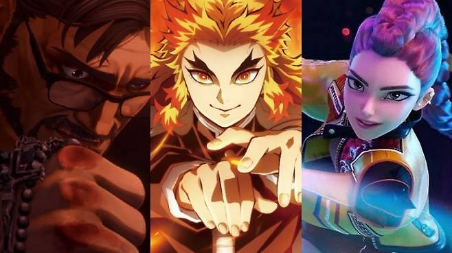 (왼쪽부터) ‘퇴마록‘의 박신부, ‘귀멸의 칼날’의 렌고쿠, ‘케데헌’의 루미