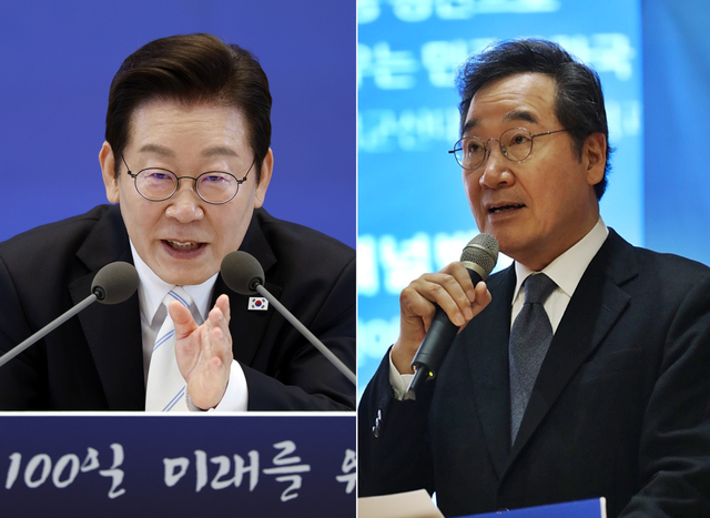 이재명 대통령과 이낙연(오른쪽) 새미래민주당 상임고문. 두 인물은 지난 2021년 제20대 대선 더불어민주당 대선 경선에서 맞붙은 바 있다.<연합뉴스 사진·새미래민주당 홈페이지 사진 갈무리>