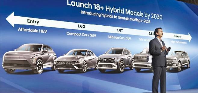 호세 무뇨스 현대자동차 최고경영자(CEO·사장)가 18일(현지시간) 미국 뉴욕 맨해튼에서 열린 ‘2025 CEO 인베스터데이’에서 하이브리드카 모델 확대﻿ 등 중장기 전략을 발표하고 있다.  /현대차 제공