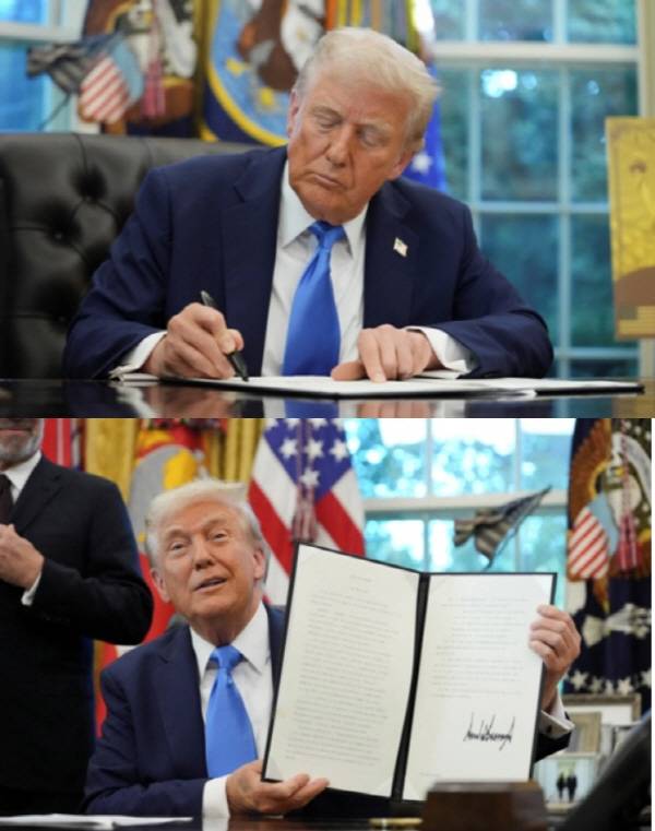 도널드 트럼프 미국 대통령이 19일(현지시간) 미국 워싱턴 D.C. 백악관에서 전문직 비자 수수료 인상 포고문에 서명하고 있다. 로이터통신