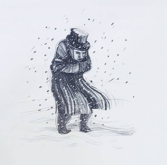 ‘외투’(шине́ль·1842)는 고골의 방식이 가장 명료하게 표현된 작품이다. 몇 달을 아끼고 절약해 마련한 외투 한 벌은 하급 필사원에게 겨울을 견디는 보온(保溫) 이상의 역할을 하는데, 이는 계급 사회 속 타인의 시선을 견디게 하는 최소한의 인간적 체면, 그가 스스로를 지탱하는 최후이자 최전선의 장치로 작동한다. [나오미 빌라무자 삽화/Illustrated by Noemí Villamuza]