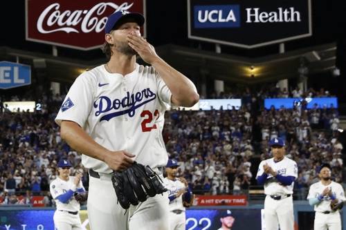 홈팬들에 손키스로 인사하는 커쇼 은퇴를 선언한 커쇼가 정규시즌 마지막 홈경기 등판에서 팬들에 손키스를 보내고 있다 [AFP/연합뉴스]