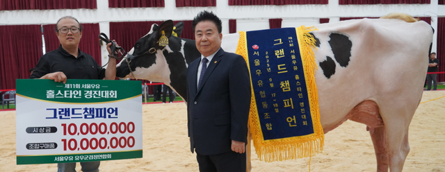 문진섭 서울우유협동조합 조합장(오른쪽)이 18일 경기 농협안성팜랜드에서 개최된 ‘제11회 서울우유 홀스타인 경진대회’에서 ‘그랜드 챔피언’상을 수상한 젖소와 이를 출품한 이천호 경기 파주 천호목장 대표와 함께 서 있다. 서울우유협동조합