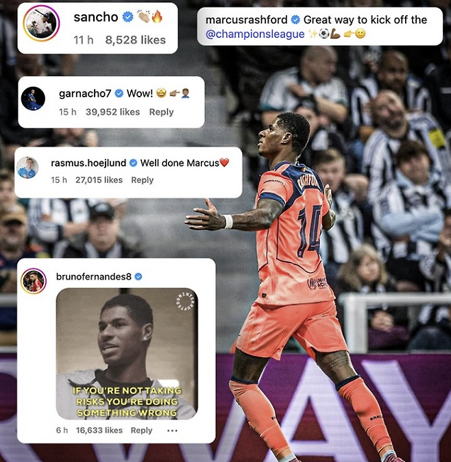 래시포드의 활약을 보고 응원의 댓글을 단 맨유 동료들. ESPN